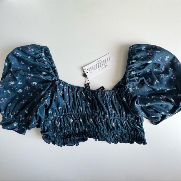 For Love And Lemons Lola Pointelle Crop Top Blue Floral Medium NEW - Picture 5 of 5